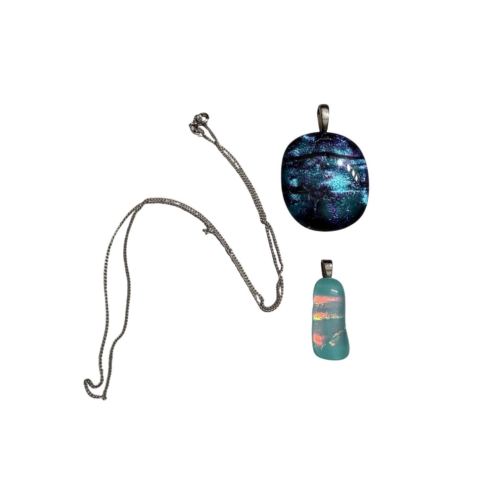 Dichroic Fused Glass Pendant Necklace Set Blue Aqua Iridescent Silver Chain